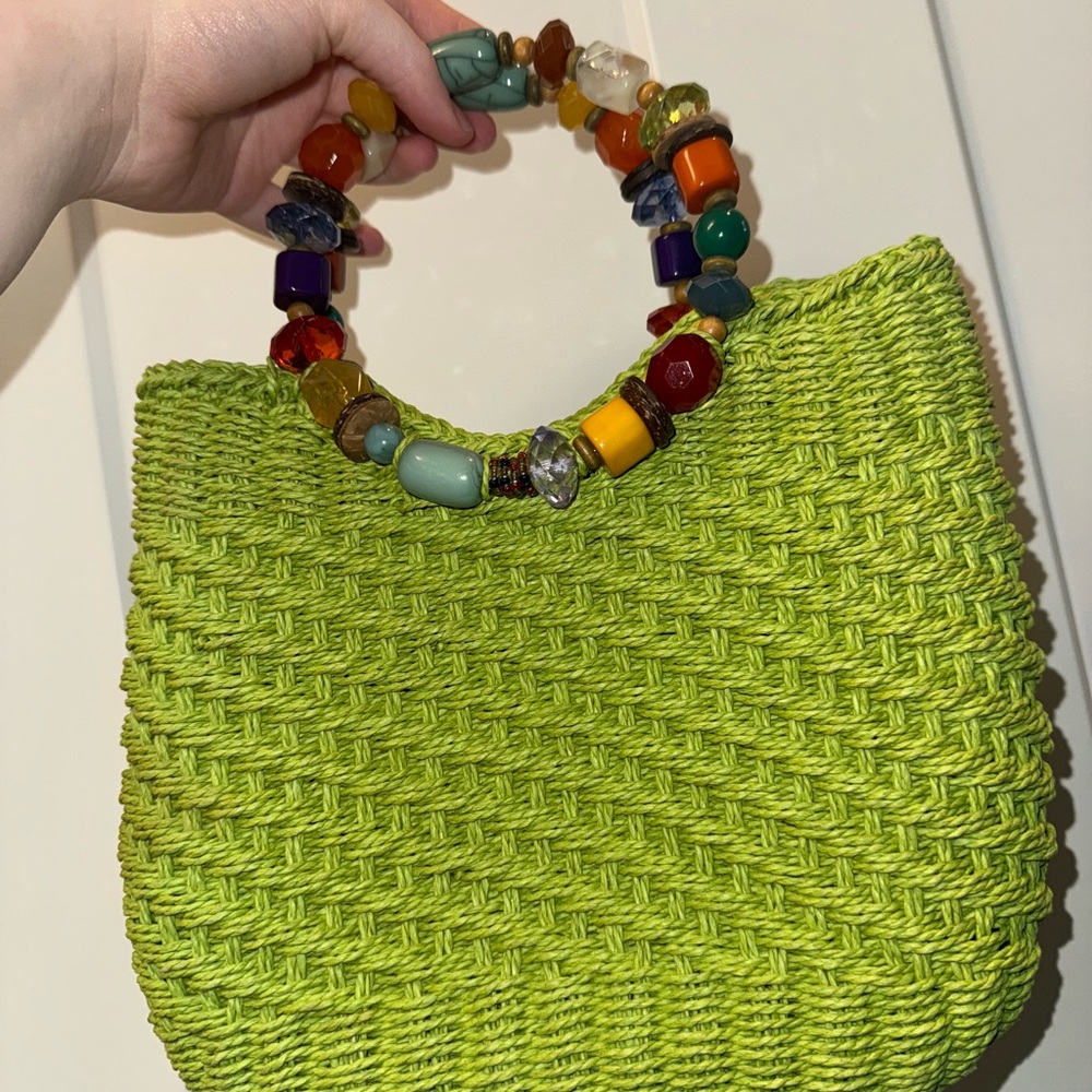 Cappelli Straworld Green Woven Handbag with Beaded Handle